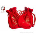 Red Round Velvet Drawstring Bag With Silk Screen Printed Lo